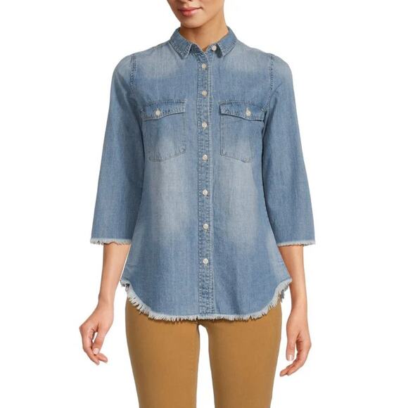 Etienne Marcel Embroidered Floral Button-Up Denim Shirt Blue Women's Size Small - Picture 2 of 13